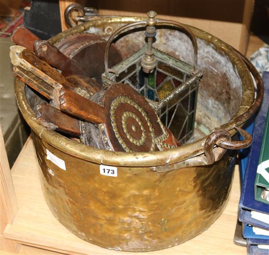 A brass log bin, bellows and a lantern diameter 50cm approx.